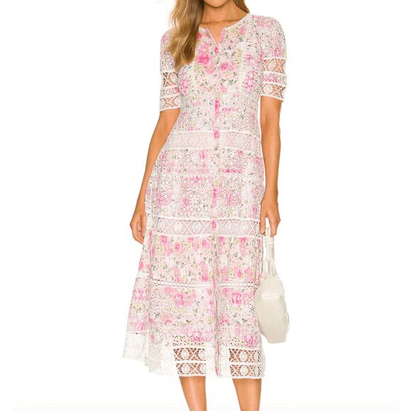 LoveShackFancy Womens Pink White Floral Lace Victorian‎ Carmie Dress Size 2 - Picture 1 of 8